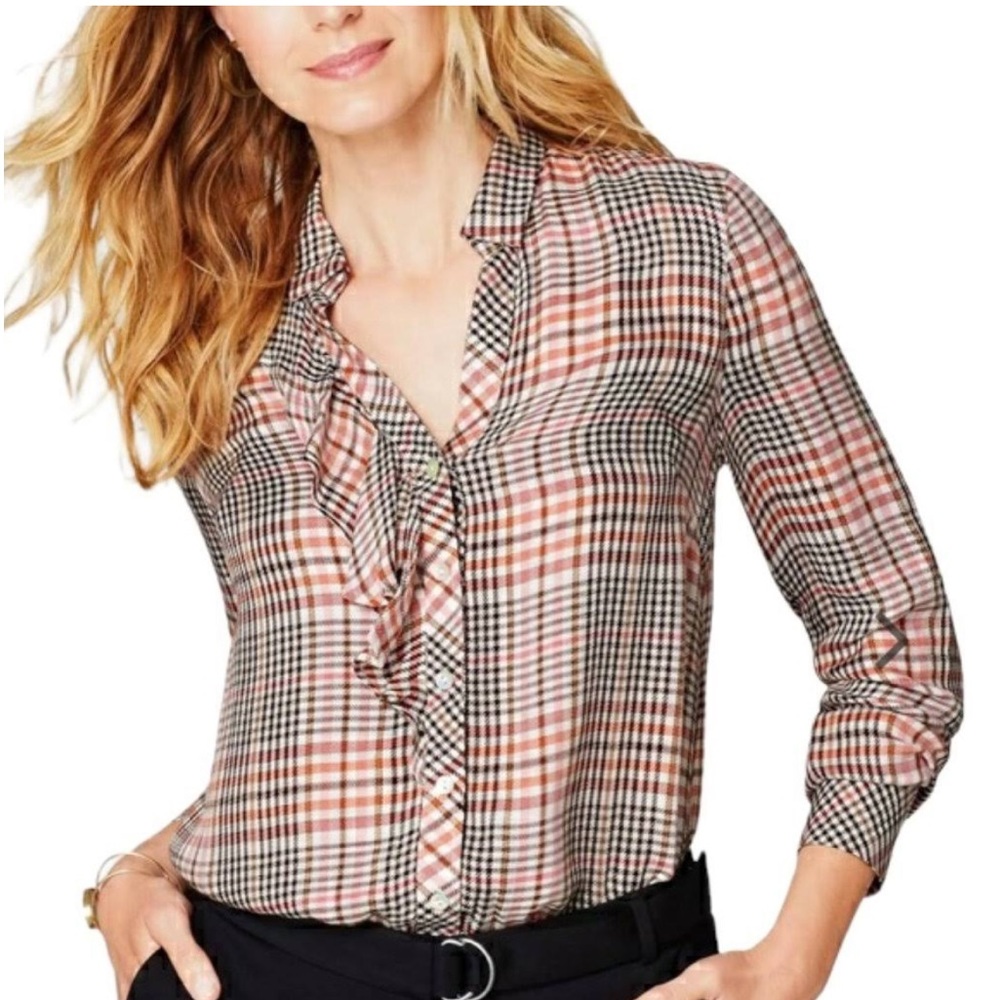 J. Jill Plaid Button Down Ruffle Blouse Top, Size M